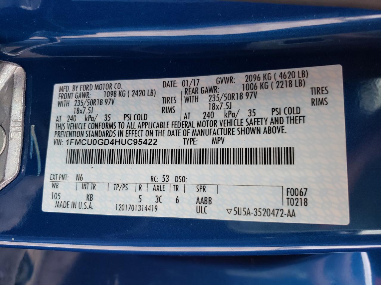 Photo 10 from auction – 2017 FORD ESCAPE SE with VIN 1FMCU0GD4HUC95422