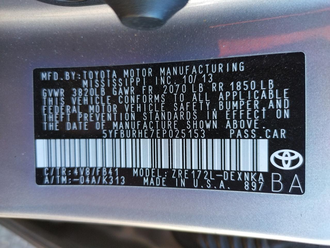 Photo 10 from auction – 2014 TOYOTA COROLLA L with VIN 5YFBURHE7EP025153