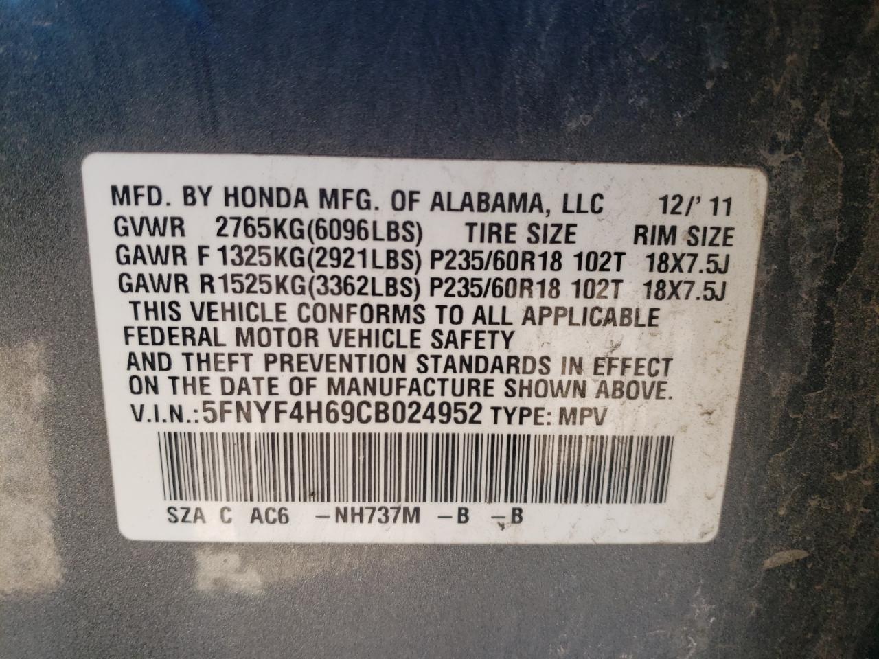 Photo 10 from auction – 2012 HONDA PILOT EXL with VIN 5FNYF4H69CB024952