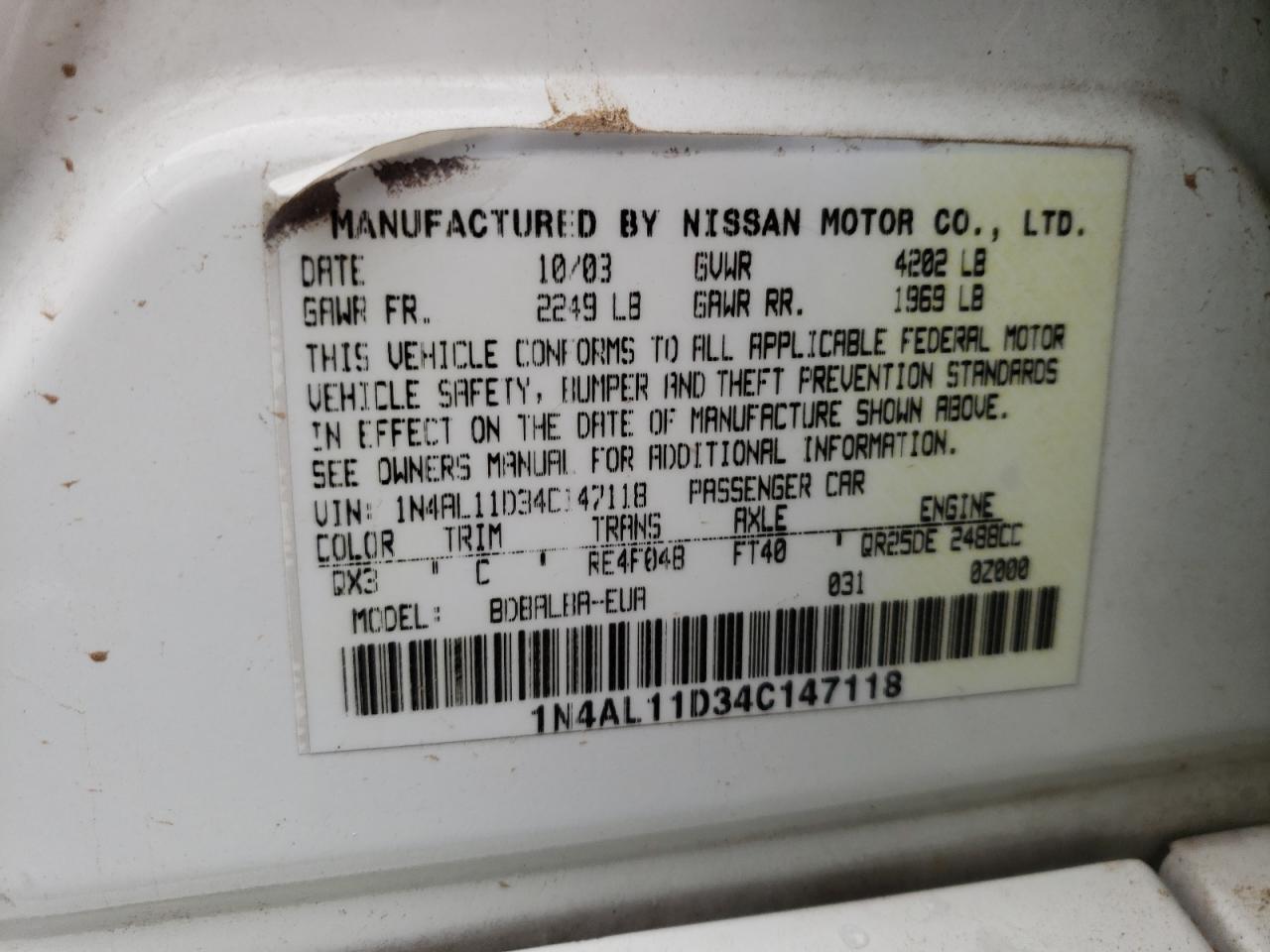 Photo 10 from auction – 2004 NISSAN ALTIMA BAS with VIN 1N4AL11D34C147118