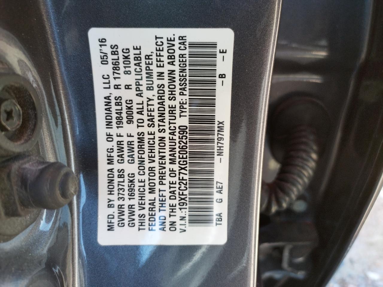 Photo 10 from auction – 2016 HONDA CIVIC EX with VIN 19XFC2F7XGE062590