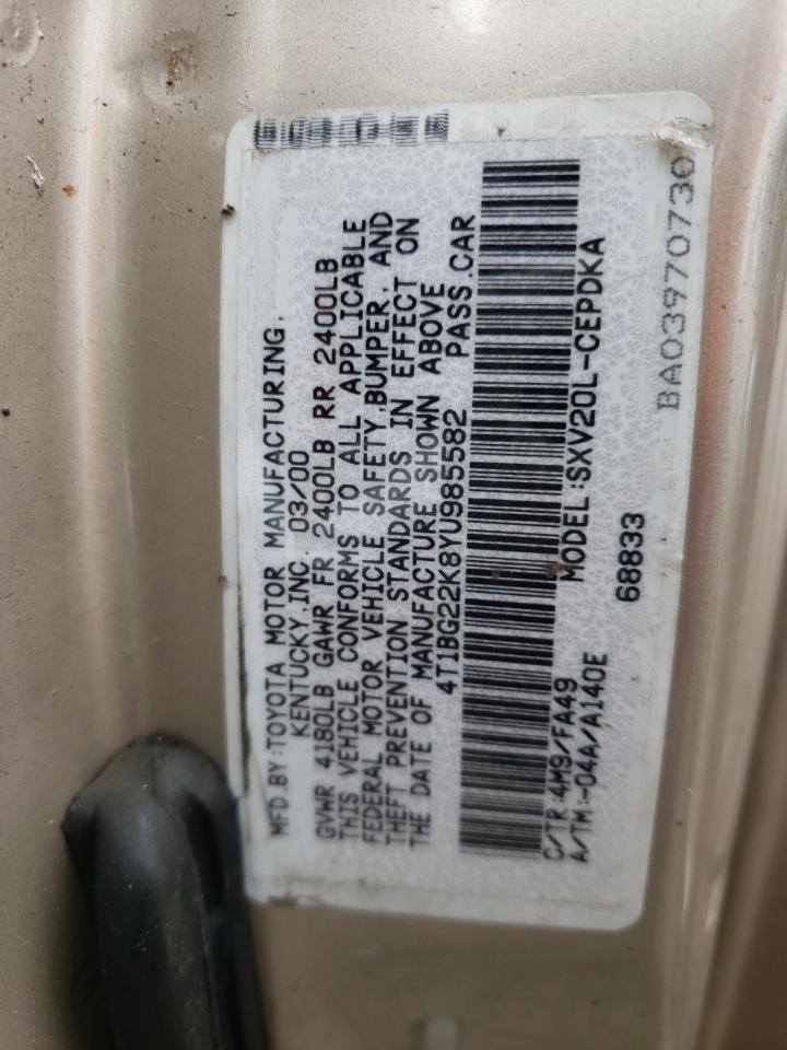 Photo 10 from auction – 2000 TOYOTA CAMRY CE with VIN 4T1BG22K8YU985582