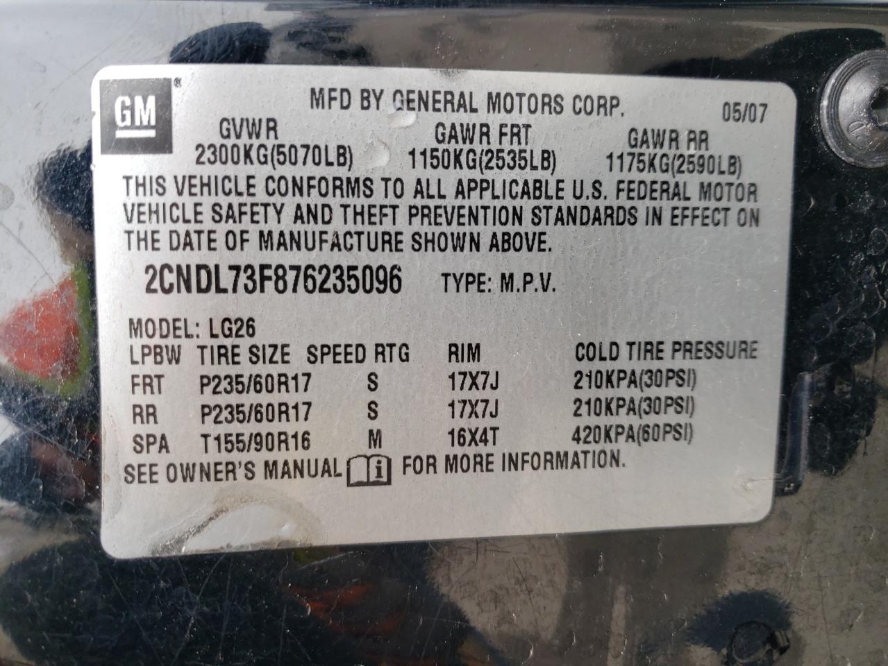 Photo 10 from auction – 2007 CHEVROLET EQUINOX LT with VIN 2CNDL73F876235096