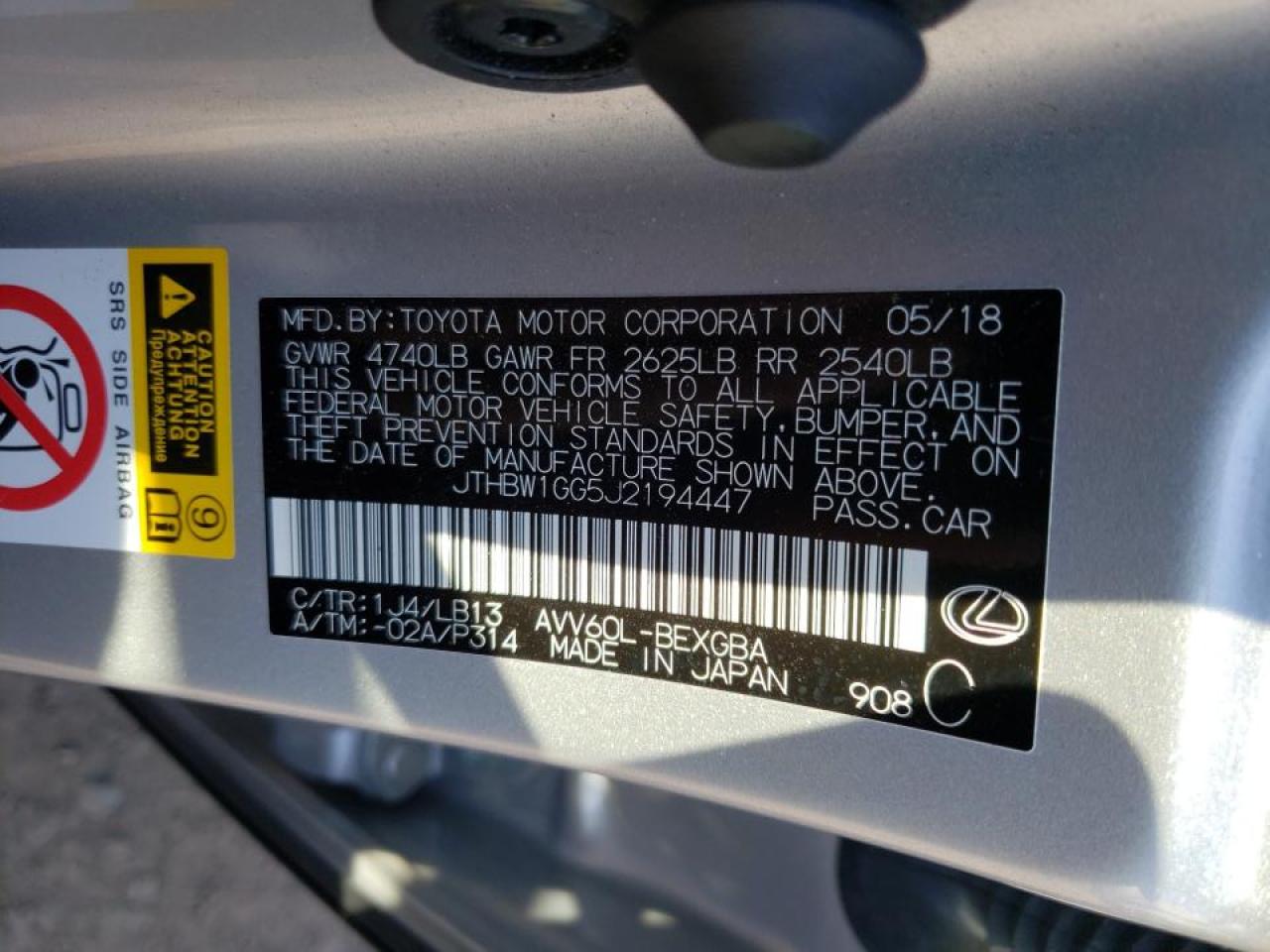Photo 10 from auction – 2018 LEXUS ES 300H with VIN JTHBW1GG5J2194447
