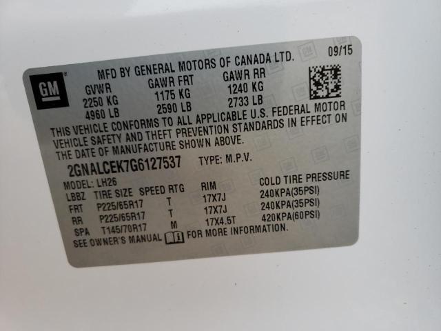Photo 10 from auction – 2016 CHEVROLET EQUINOX LT with VIN 2GNALCEK7G6127537