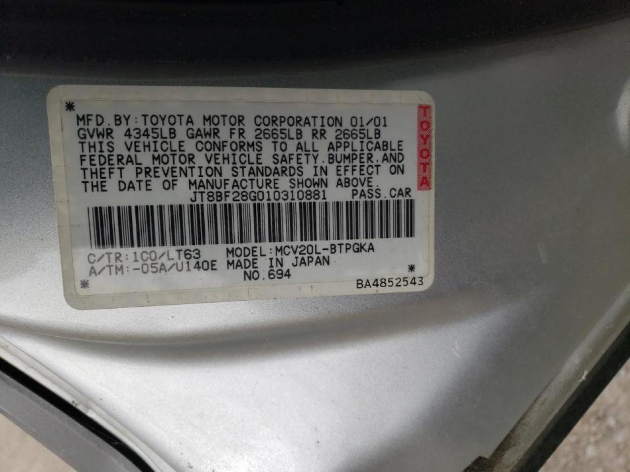 Photo 10 from auction – 2001 LEXUS ES 300 with VIN JT8BF28G010310881