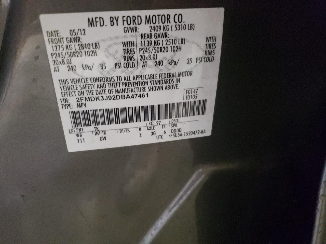 Photo 10 from auction – 2013 FORD EDGE SEL with VIN 2FMDK3J92DBA47461