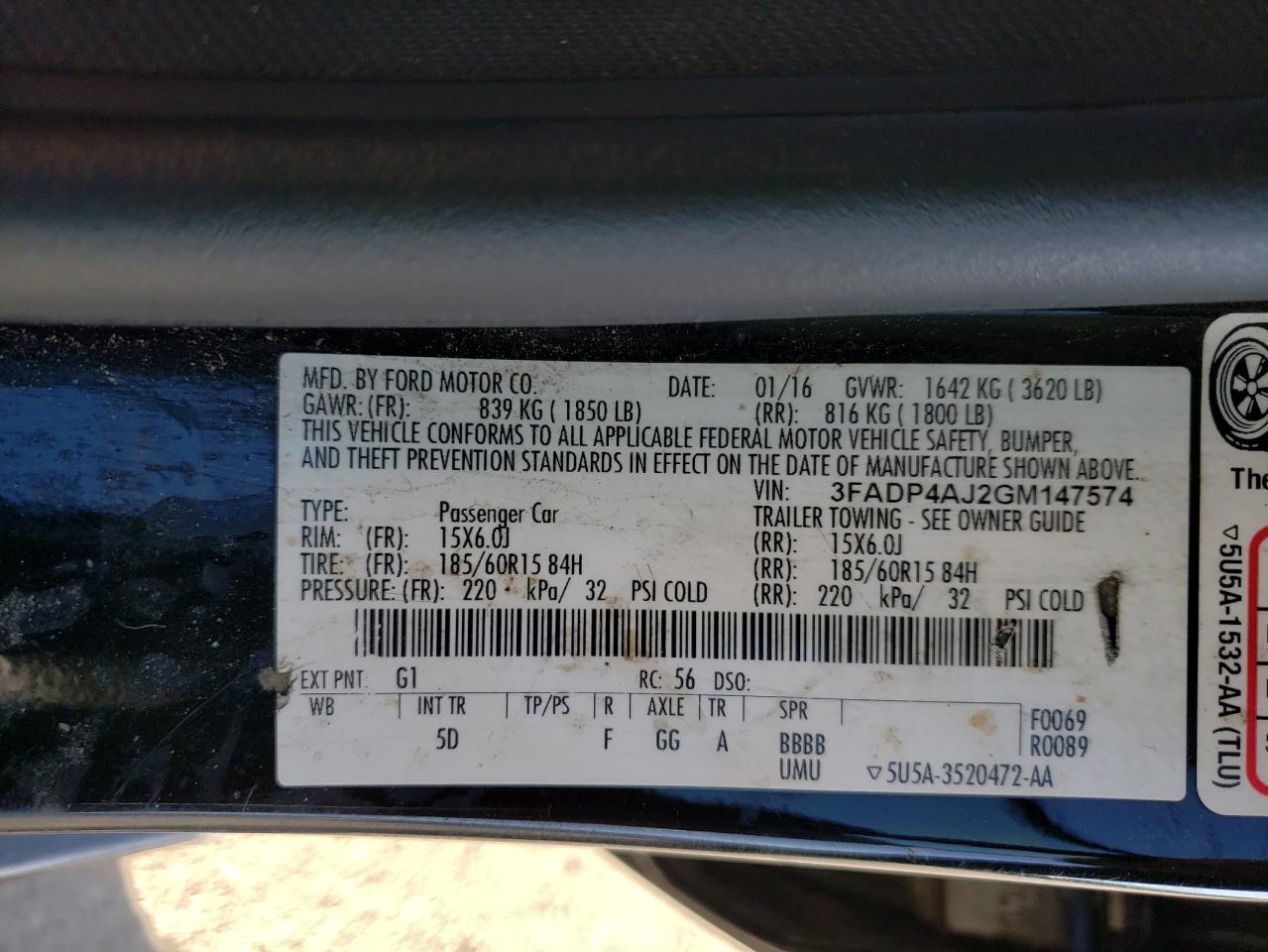 Photo 10 from auction – 2016 FORD FIESTA S with VIN 3FADP4AJ2GM147574