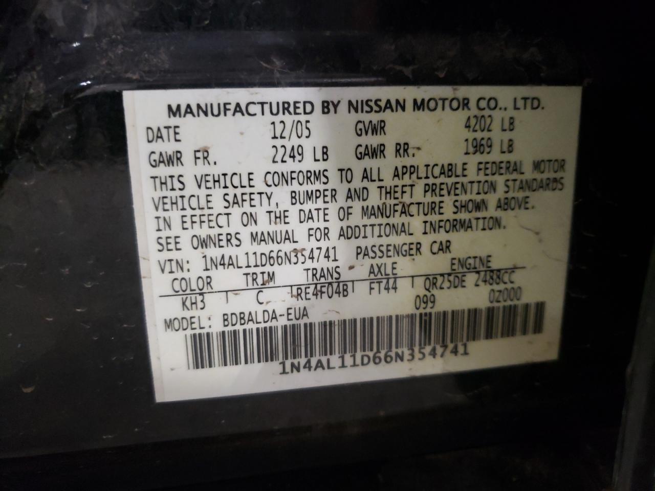 Photo 10 from auction – 2006 NISSAN ALTIMA S with VIN 1N4AL11D66N354741