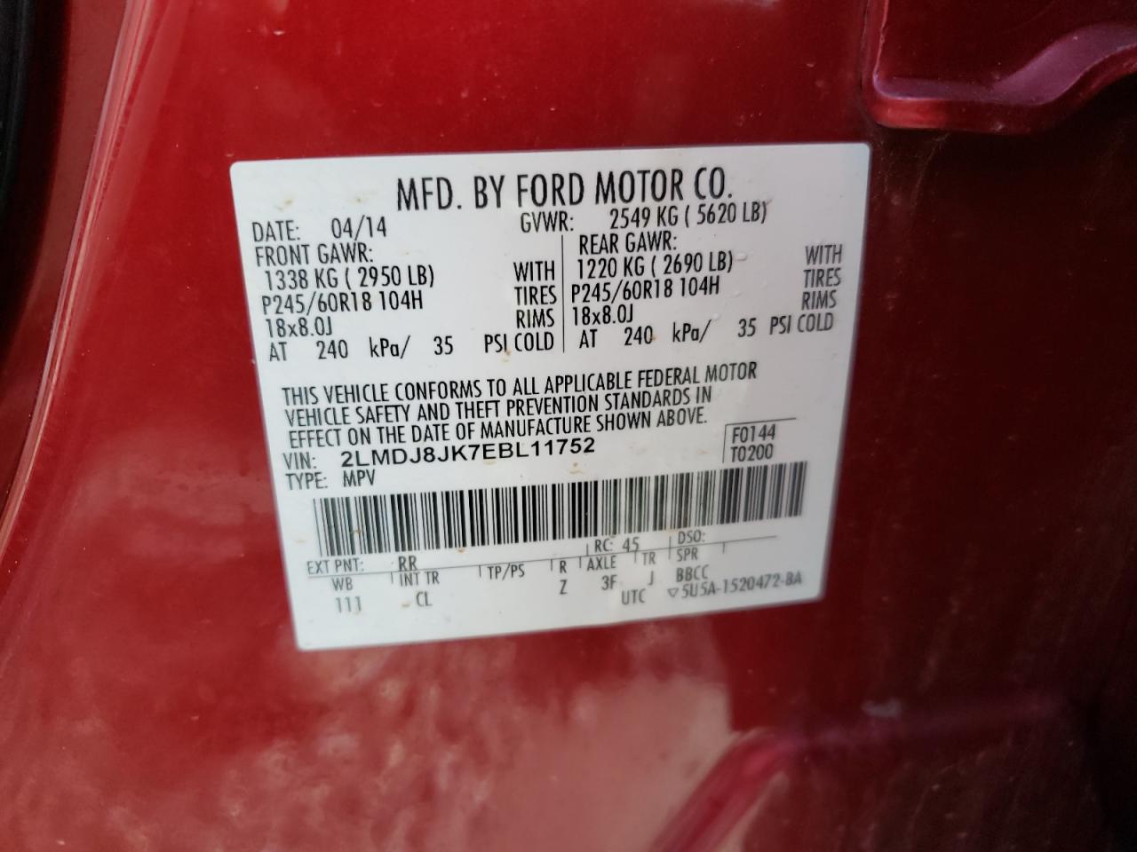 Photo 10 from auction – 2014 LINCOLN MKX with VIN 2LMDJ8JK7EBL11752