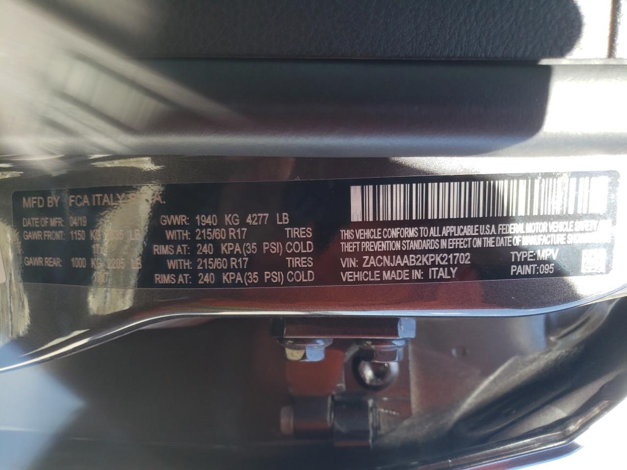 Photo 10 from auction – 2019 JEEP RENEGADE S with VIN ZACNJAAB2KPK21702