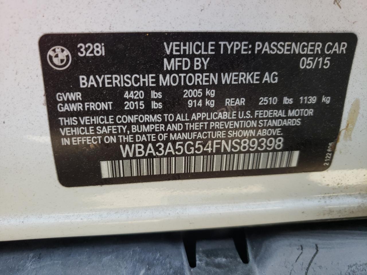 Photo 10 from auction – 2015 BMW 328 I with VIN WBA3A5G54FNS89398