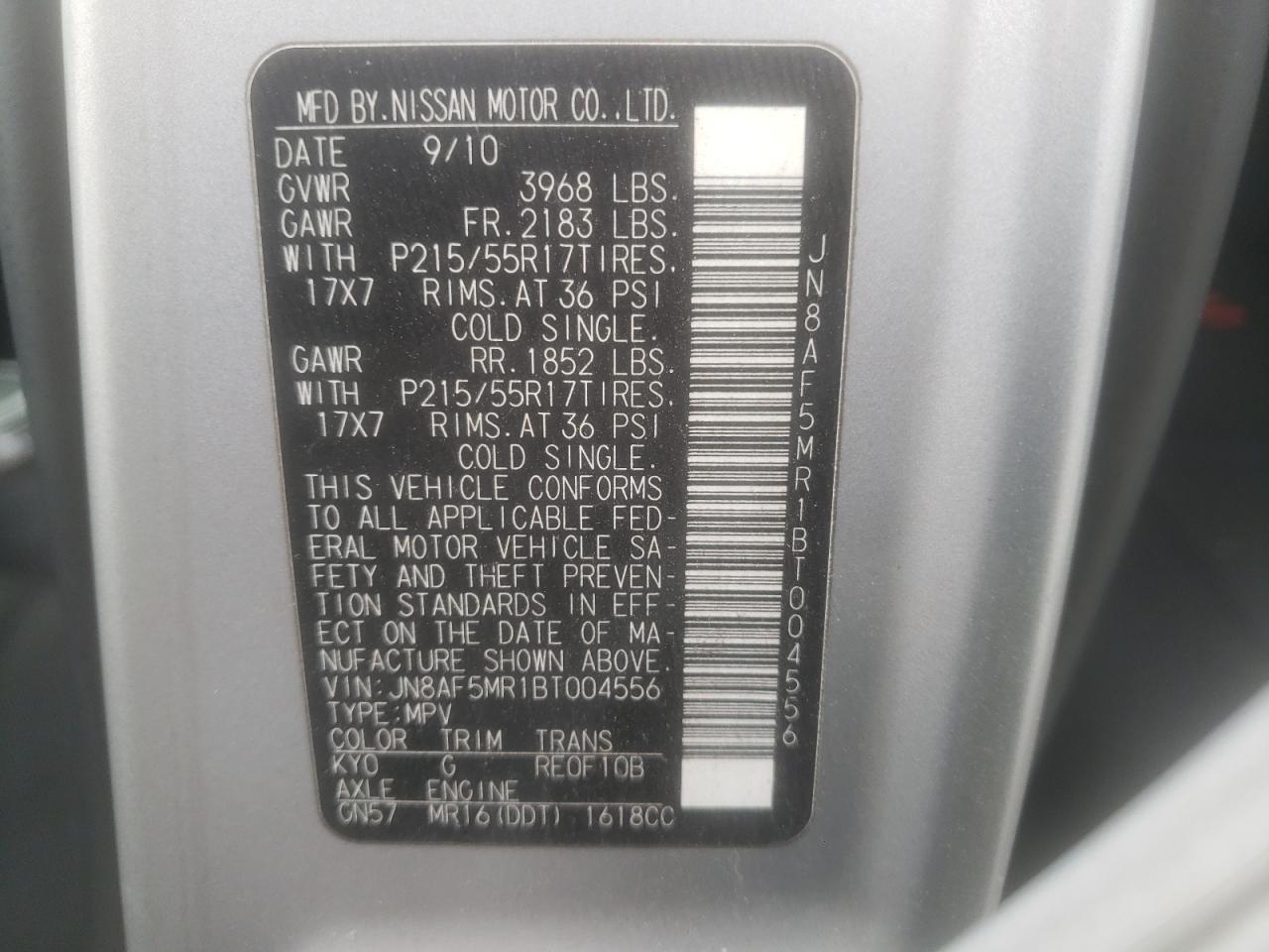 Photo 10 from auction – 2011 NISSAN JUKE S with VIN JN8AF5MR1BT004556