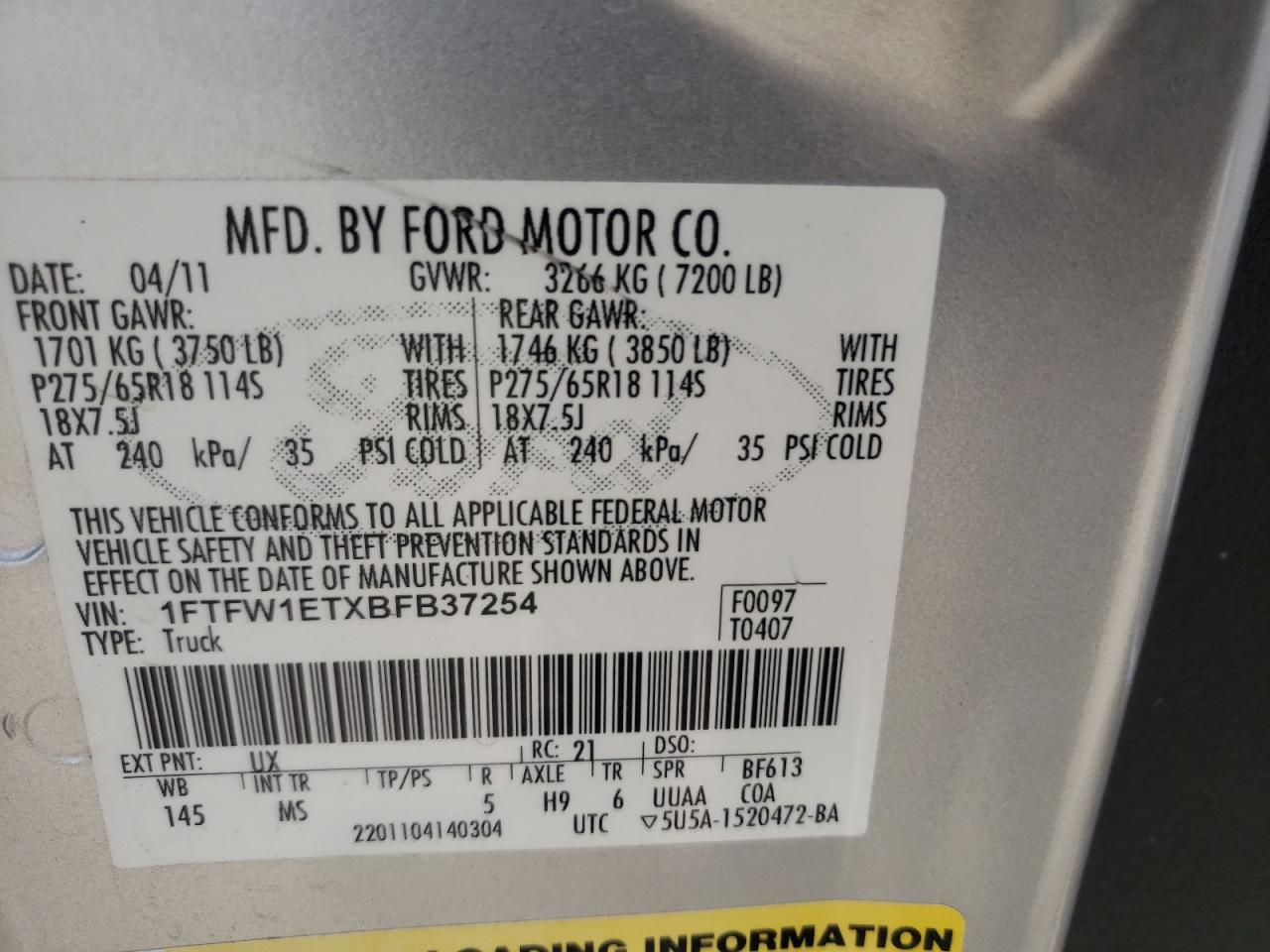 Photo 10 from auction – 2011 FORD F150 SUPER with VIN 1FTFW1ETXBFB37254