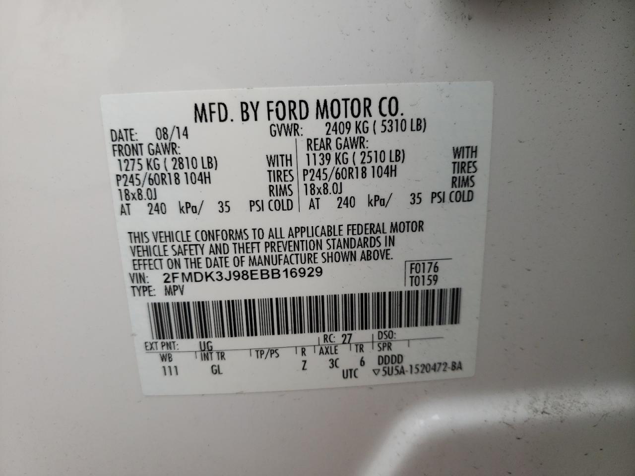 Photo 10 from auction – 2014 FORD EDGE SEL with VIN 2FMDK3J98EBB16929