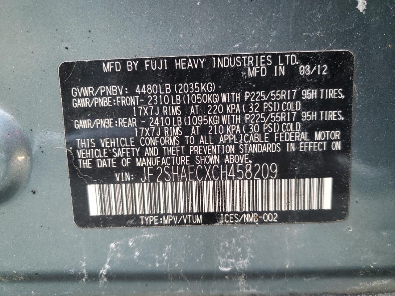 Photo 10 from auction – 2012 SUBARU FORESTER L with VIN JF2SHAECXCH458209