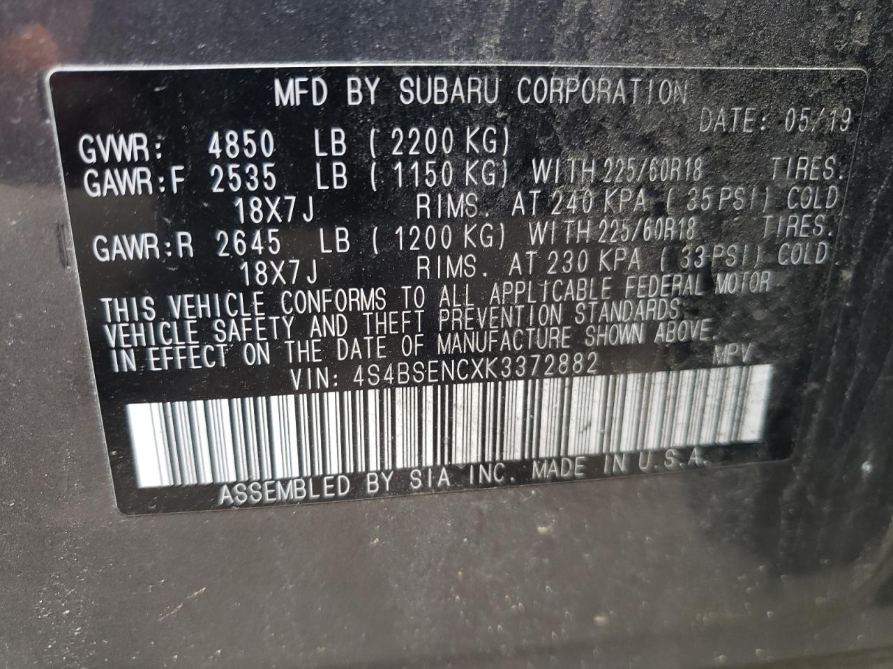 Photo 10 from auction – 2019 SUBARU OUTBACK 3. with VIN 4S4BSENCXK3372882