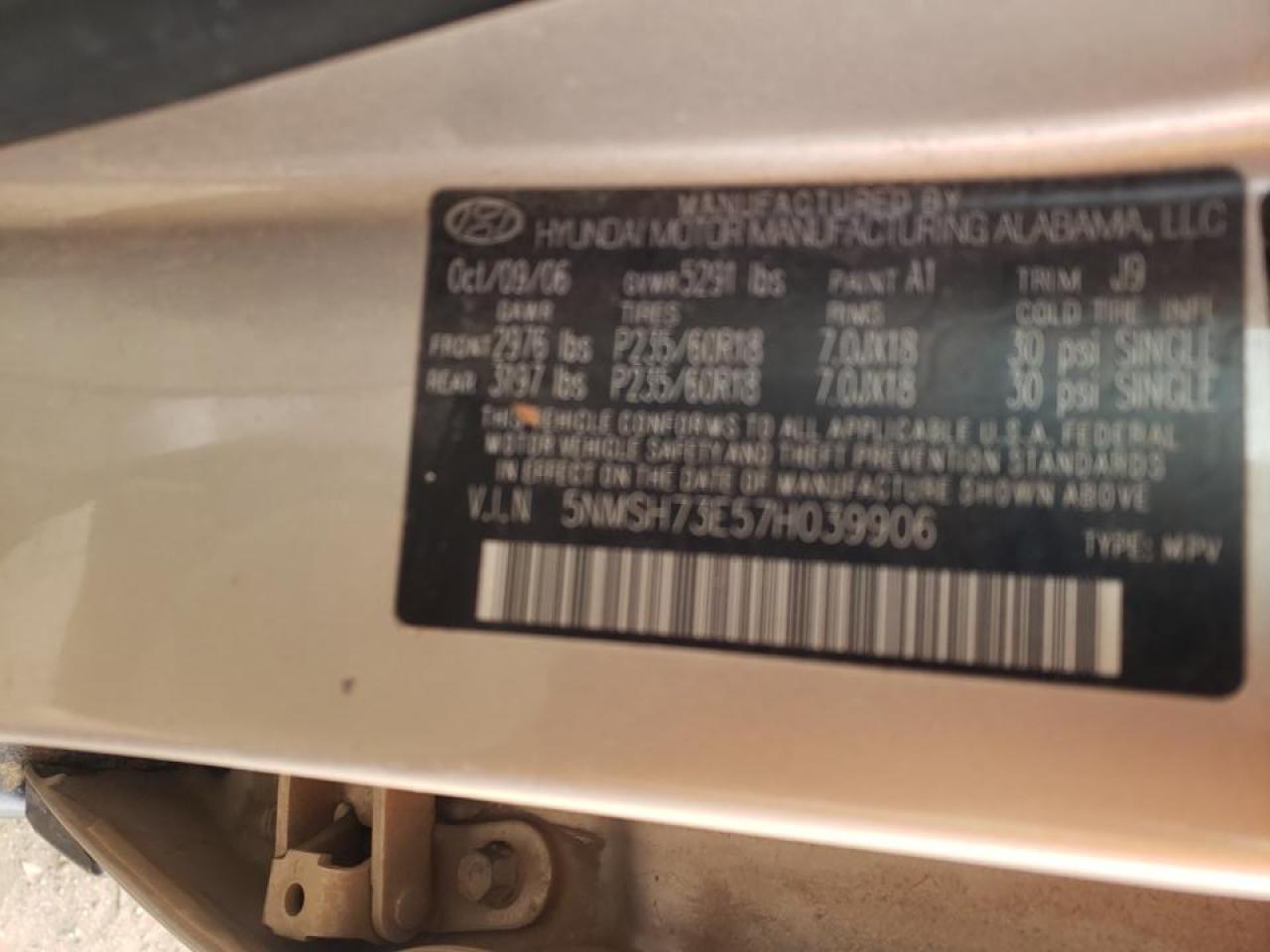 Photo 10 from auction – 2007 HYUNDAI SANTA FE S with VIN 5NMSH73E57H039906