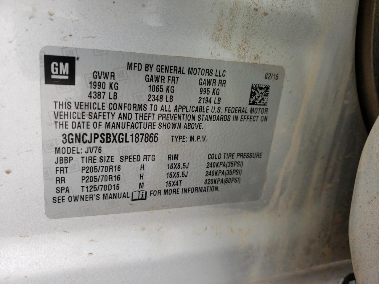 Photo 10 from auction – 2016 CHEVROLET TRAX 1LT with VIN 3GNCJPSBXGL187866