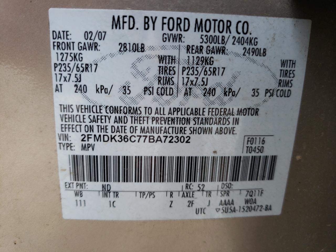 Photo 10 from auction – 2007 FORD EDGE SE with VIN 2FMDK36C77BA72302