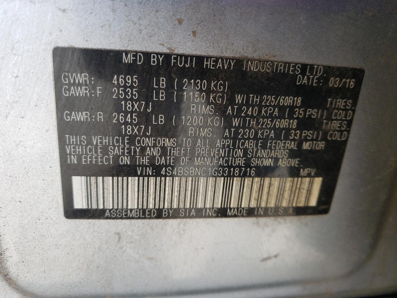 Photo 10 from auction – 2016 SUBARU OUTBACK 2. with VIN 4S4BSBNC1G3318716