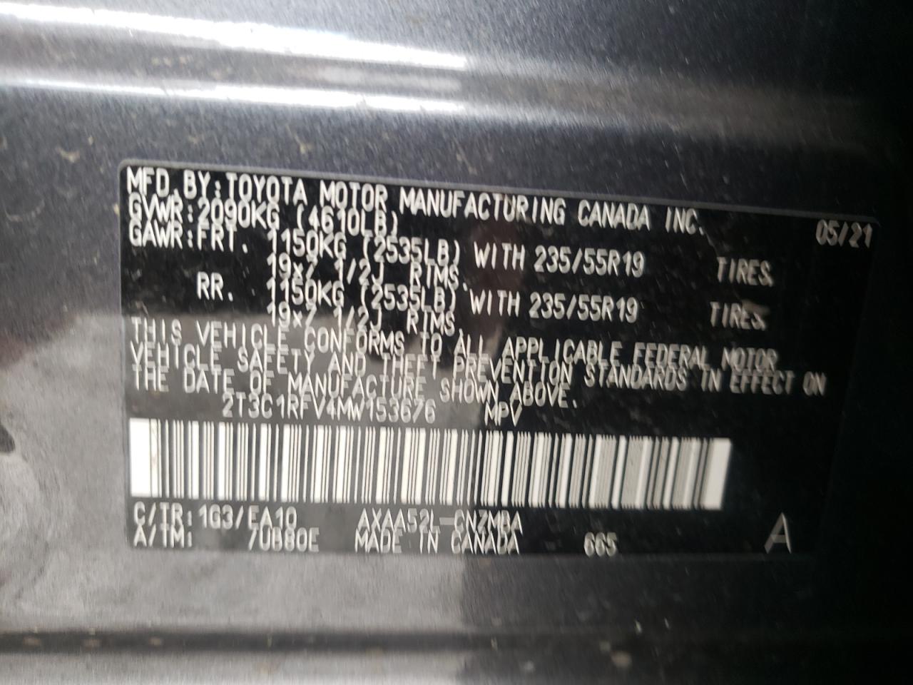 Photo 10 from auction – 2021 TOYOTA RAV4 XLE P with VIN 2T3C1RFV4MW153676