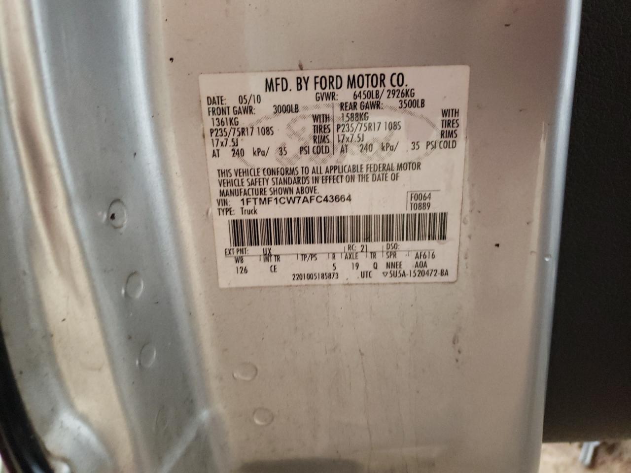 Photo 10 from auction – 2010 FORD F150 with VIN 1FTMF1CW7AFC43664