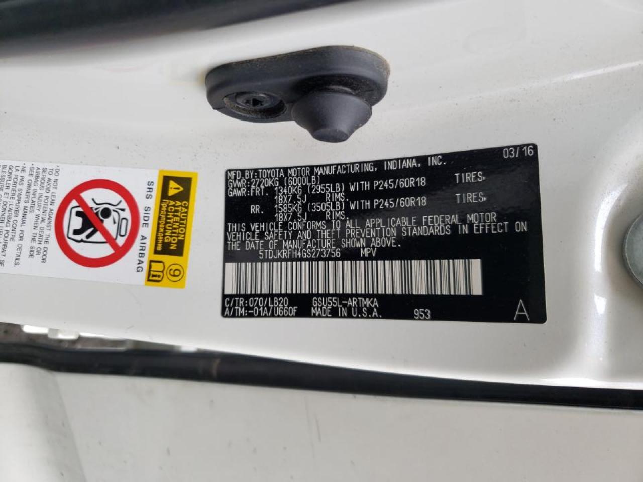 Photo 10 from auction – 2016 TOYOTA HIGHLANDER with VIN 5TDJKRFH4GS273756