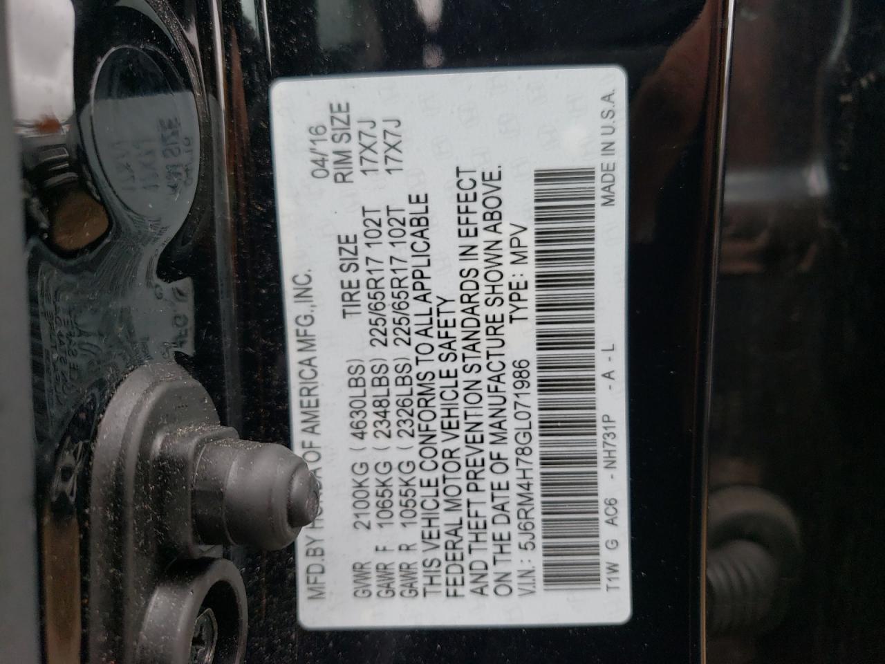 Photo 10 from auction – 2016 HONDA CR-V EXL with VIN 5J6RM4H78GL071986