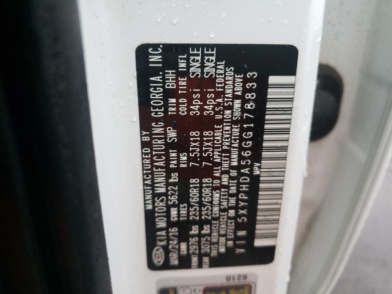 Photo 10 from auction – 2016 KIA SORENTO EX with VIN 5XYPHDA56GG178833