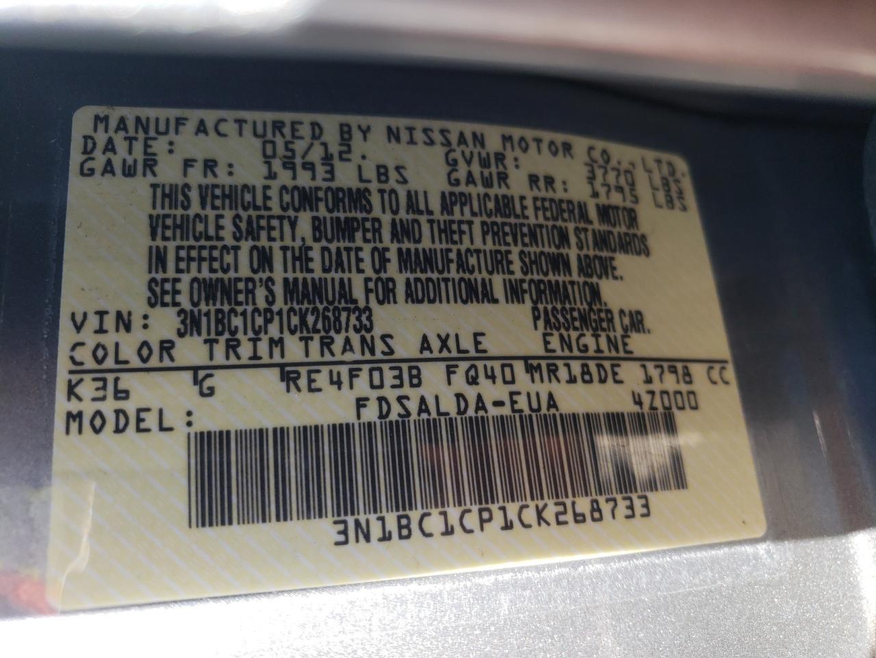 Photo 10 from auction – 2012 NISSAN VERSA S with VIN 3N1BC1CP1CK268733