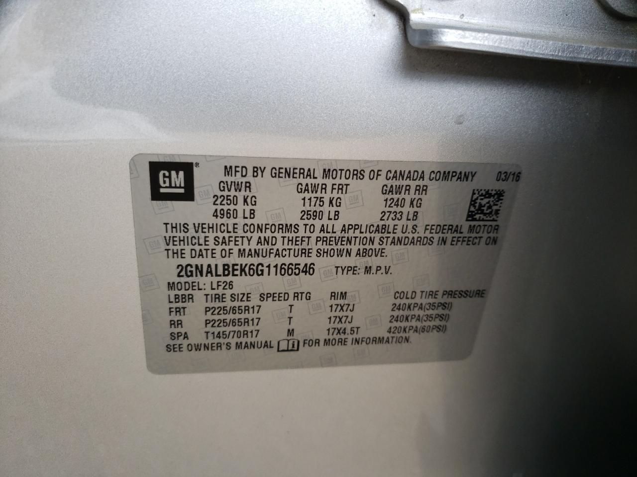 Photo 10 from auction – 2016 CHEVROLET EQUINOX LS with VIN 2GNALBEK6G1166546