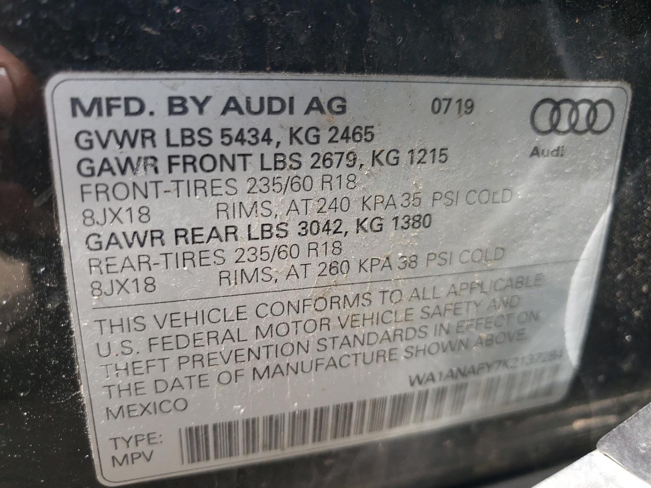 Photo 10 from auction – 2019 AUDI Q5 PREMIUM with VIN WA1ANAFY7K2137284