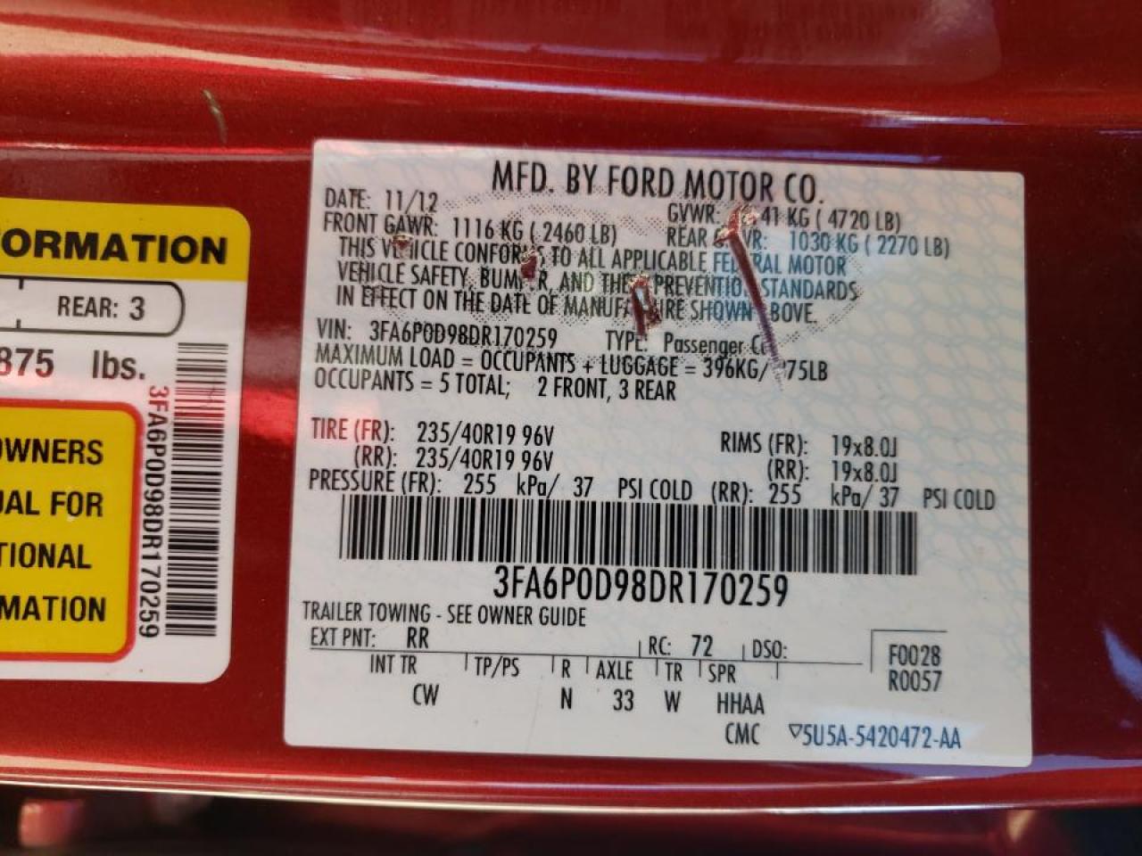 Photo 10 from auction – 2013 FORD FUSION TIT with VIN 3FA6P0D98DR170259