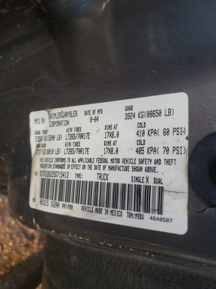 Photo 10 from auction – 2005 DODGE RAM 2500 S with VIN 3D7KS26D25G715413