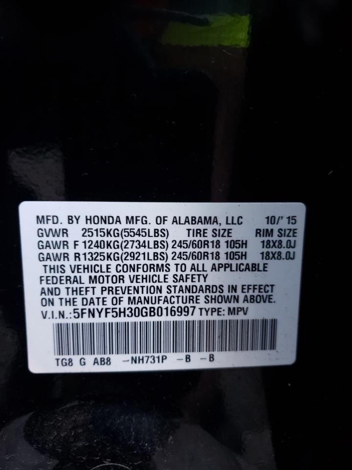 Photo 10 from auction – 2016 HONDA PILOT EX with VIN 5FNYF5H30GB016997