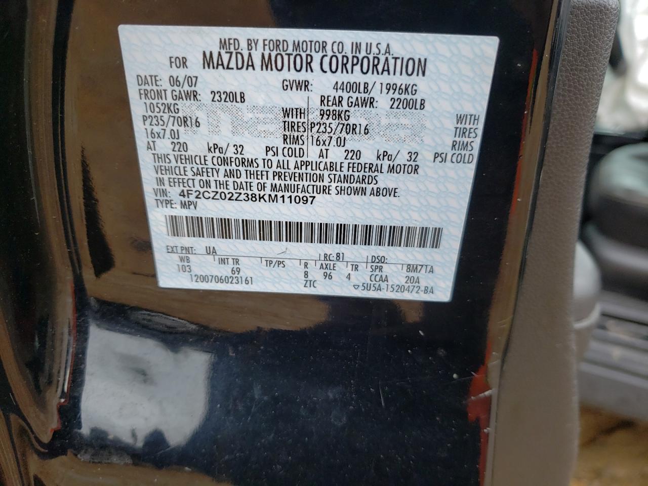 Photo 10 from auction – 2008 MAZDA TRIBUTE I with VIN 4F2CZ02Z38KM11097