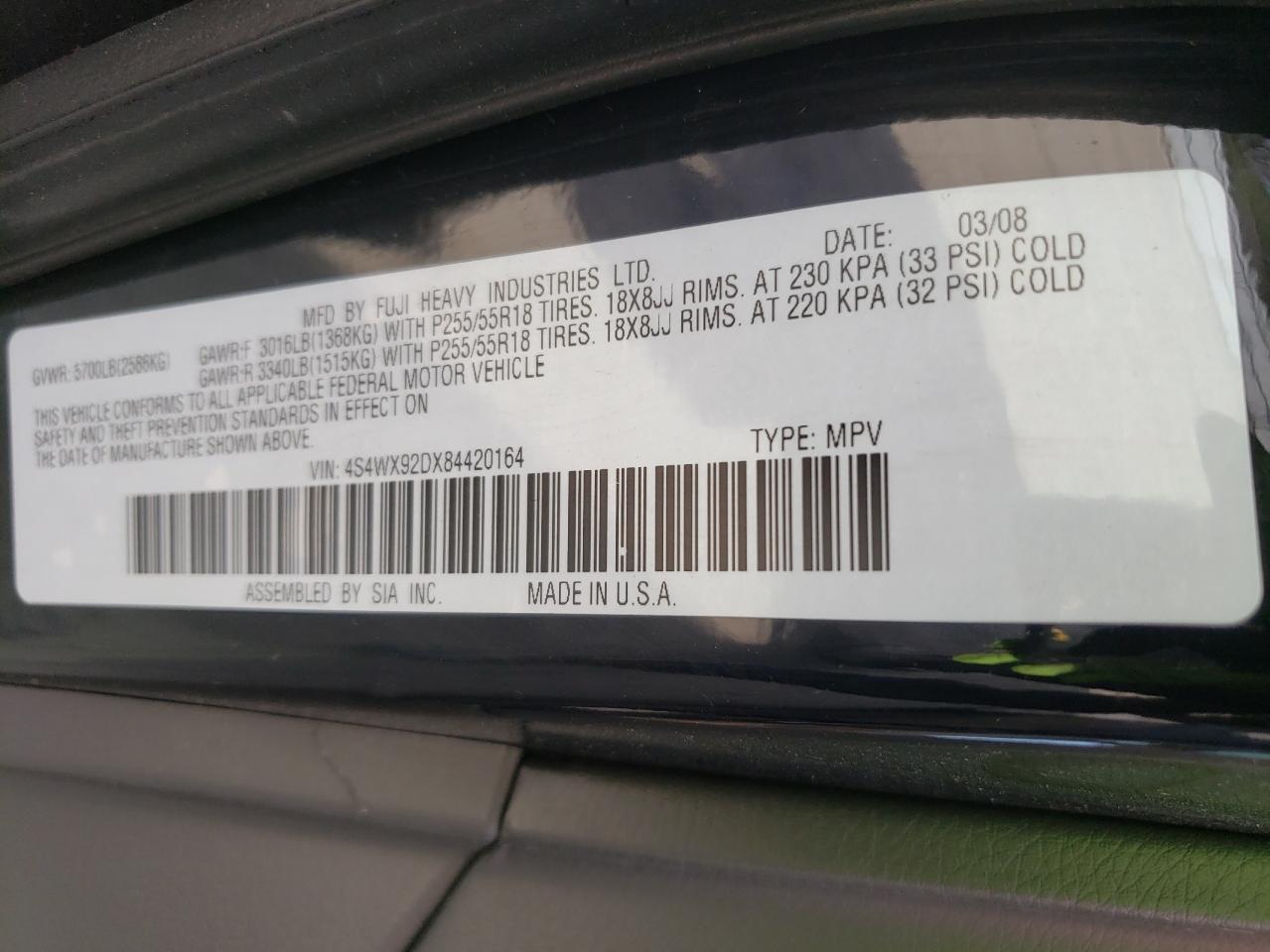 Photo 10 from auction – 2008 SUBARU TRIBECA LI with VIN 4S4WX92DX84420164