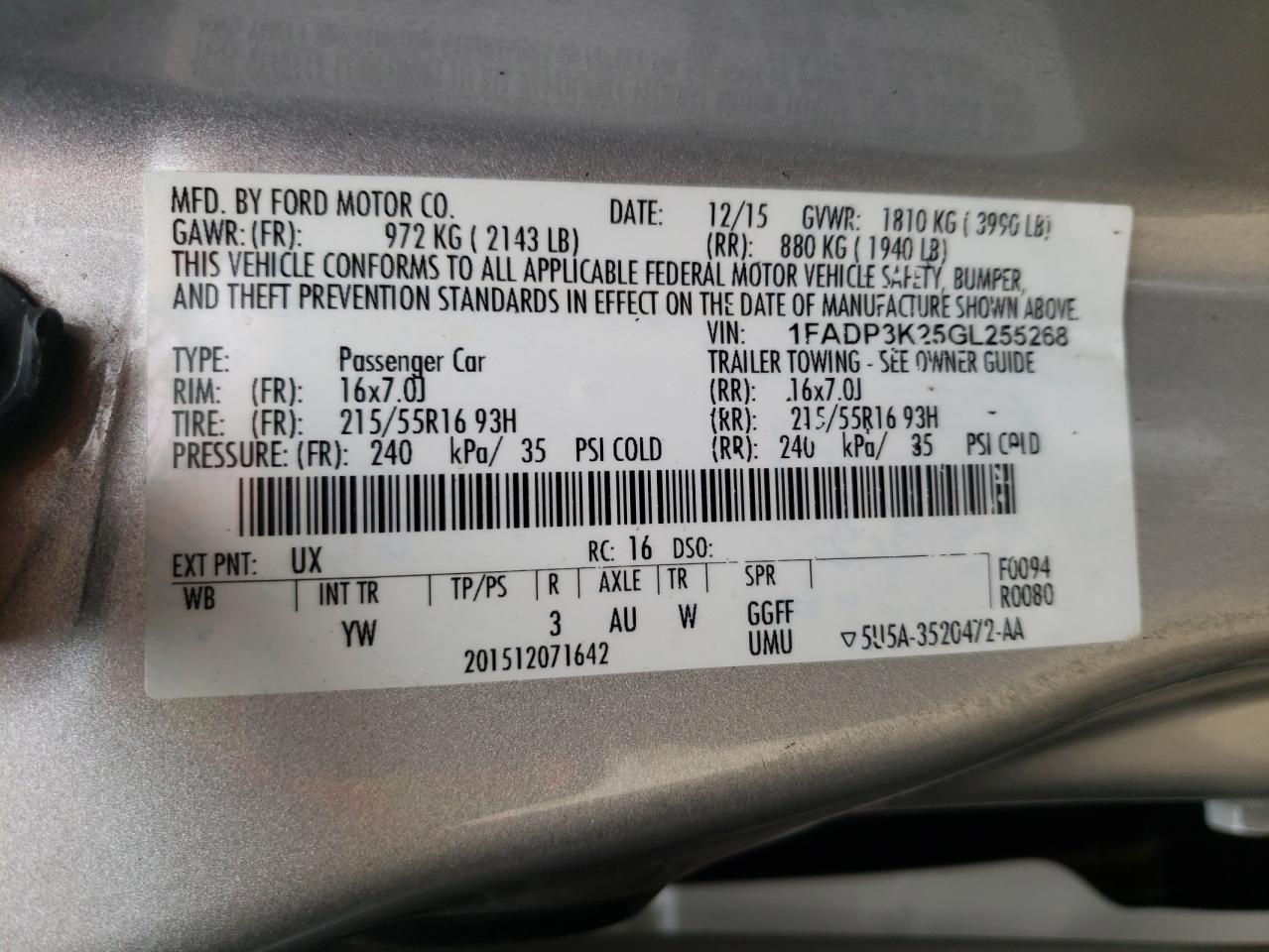 Photo 10 from auction – 2016 FORD FOCUS SE with VIN 1FADP3K25GL255268