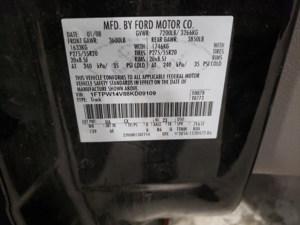 Photo 10 from auction – 2008 FORD F150 SUPER with VIN 1FTPW14V88KD09109