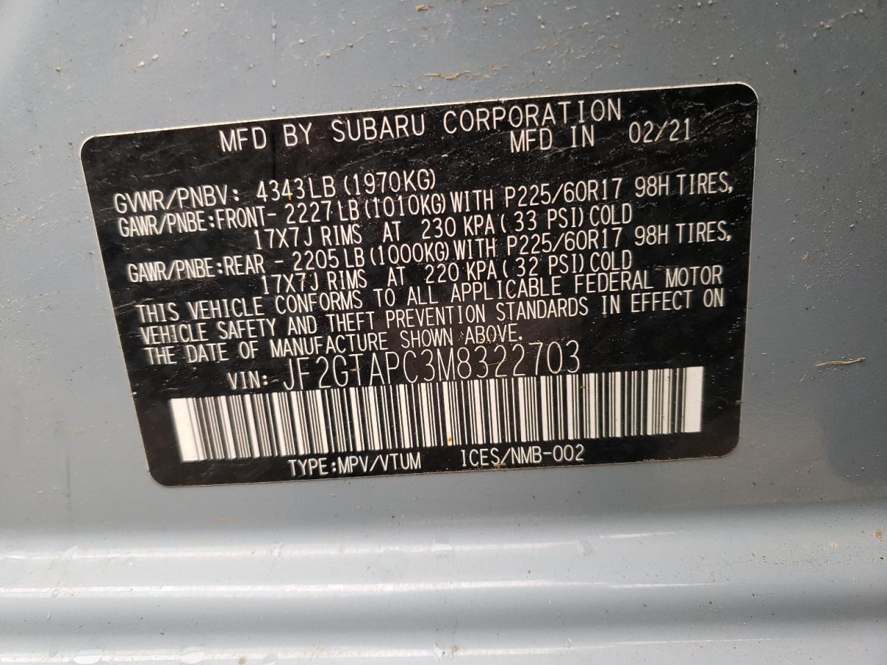 Photo 10 from auction – 2021 SUBARU CROSSTREK with VIN JF2GTAPC3M8322703