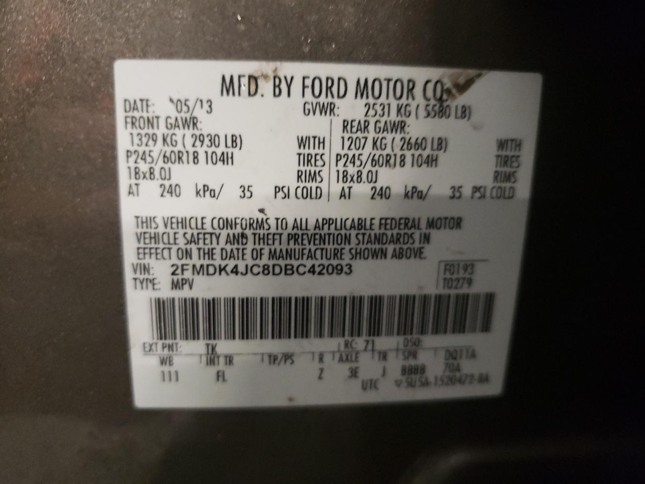 Photo 10 from auction – 2013 FORD EDGE SE with VIN 2FMDK4JC8DBC42093
