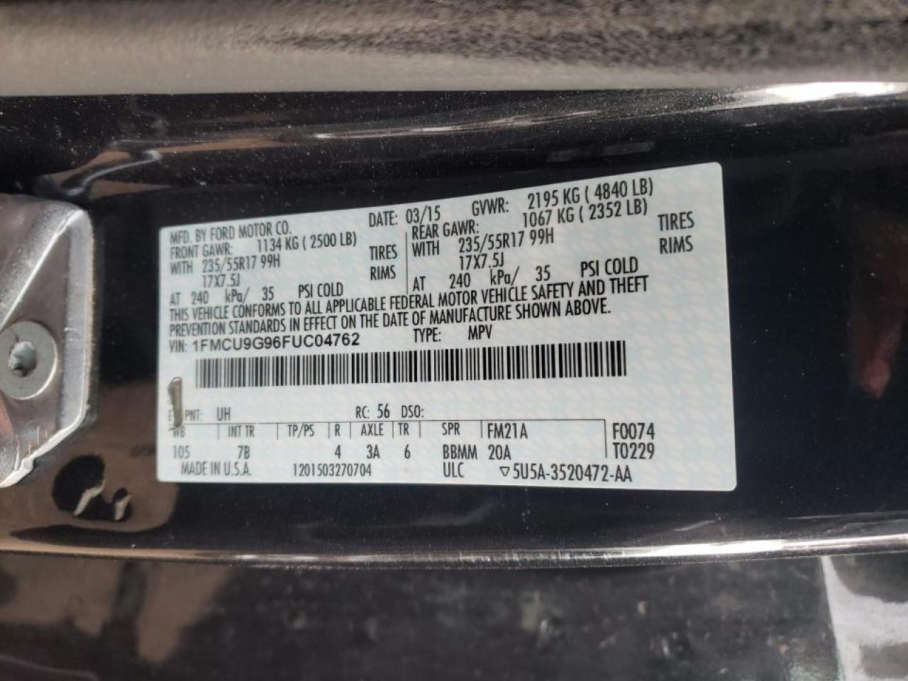 Zdjęcie 10 z aukcji – 2015 FORD ESCAPE SE z VIN 1FMCU9G96FUC04762