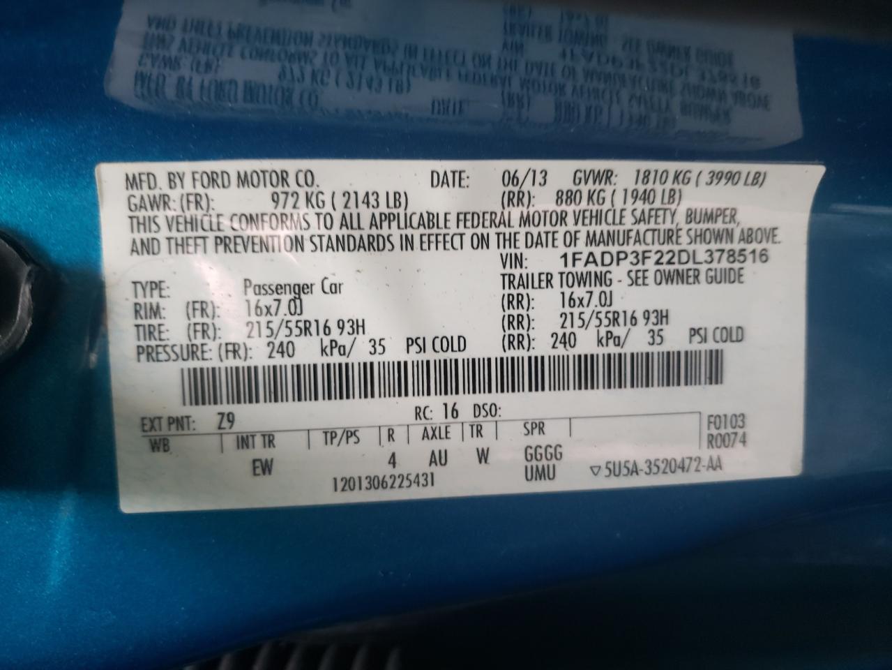 Photo 10 from auction – 2013 FORD FOCUS SE with VIN 1FADP3F22DL378516