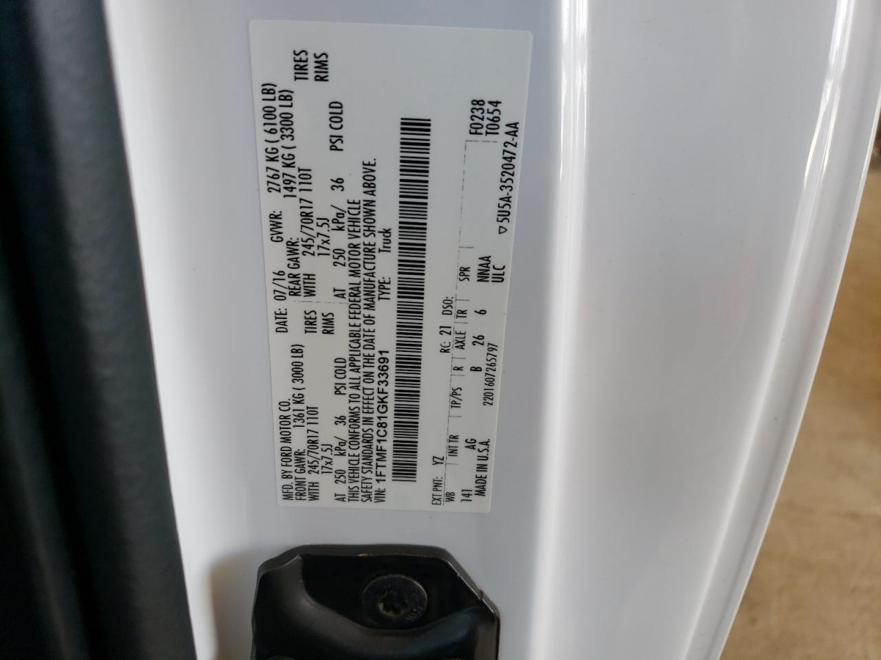 Photo 10 from auction – 2016 FORD F150 with VIN 1FTMF1C81GKF33691