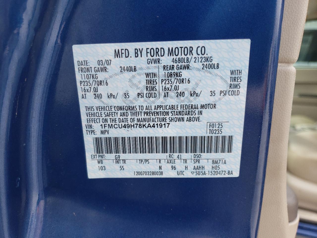 Photo 10 from auction – 2008 FORD ESCAPE HEV with VIN 1FMCU49H78KA41917