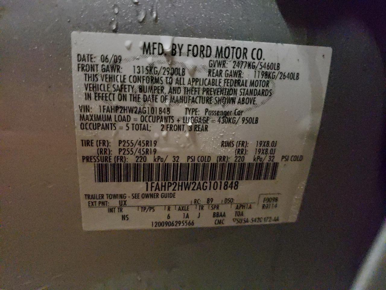 Photo 10 from auction – 2010 FORD TAURUS SEL with VIN 1FAHP2HW2AG101848