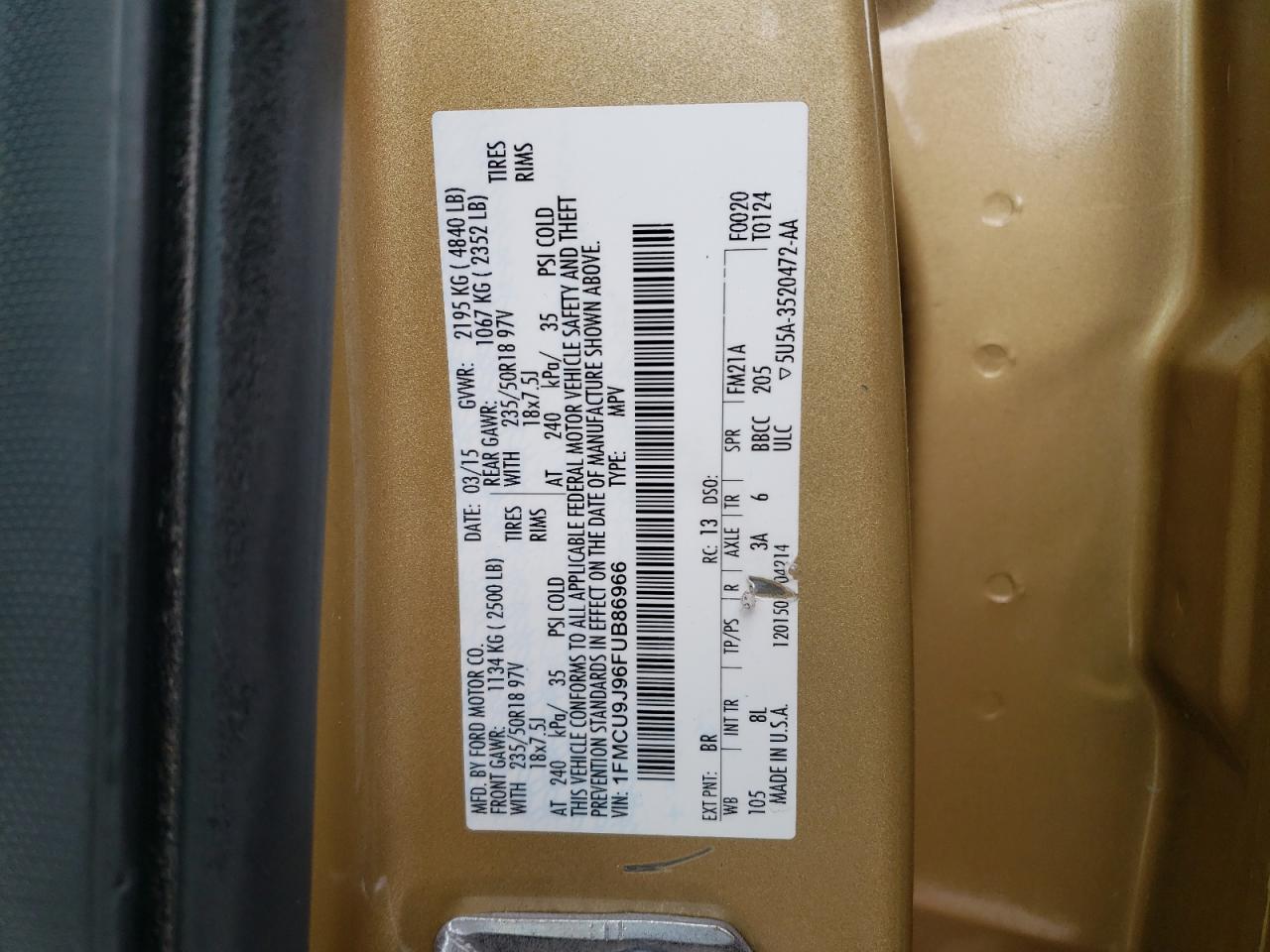 Photo 10 from auction – 2015 FORD ESCAPE TIT with VIN 1FMCU9J96FUB86966
