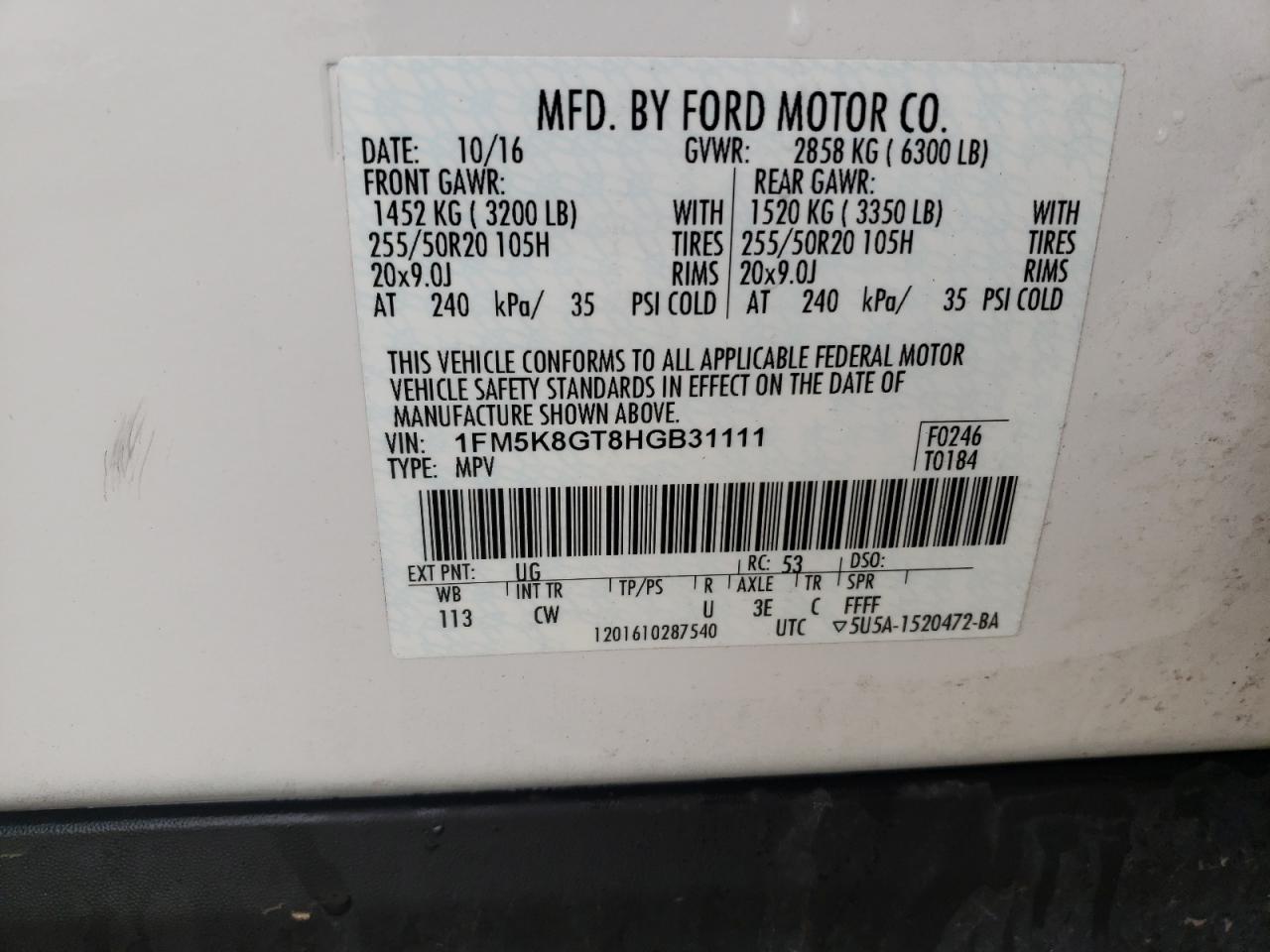 Photo 10 from auction – 2017 FORD EXPLORER S with VIN 1FM5K8GT8HGB31111