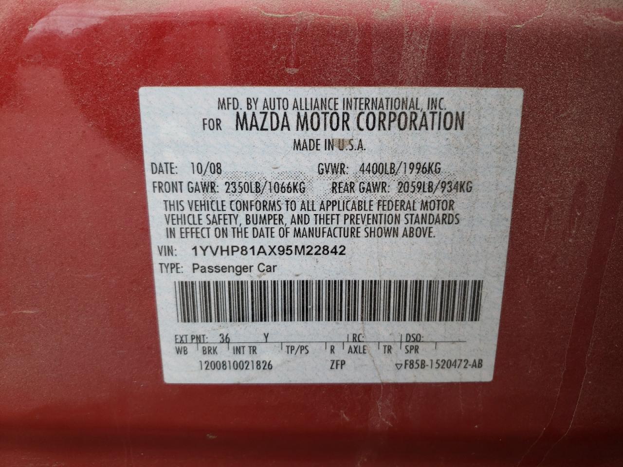 Photo 10 from auction – 2009 MAZDA 6 I with VIN 1YVHP81AX95M22842
